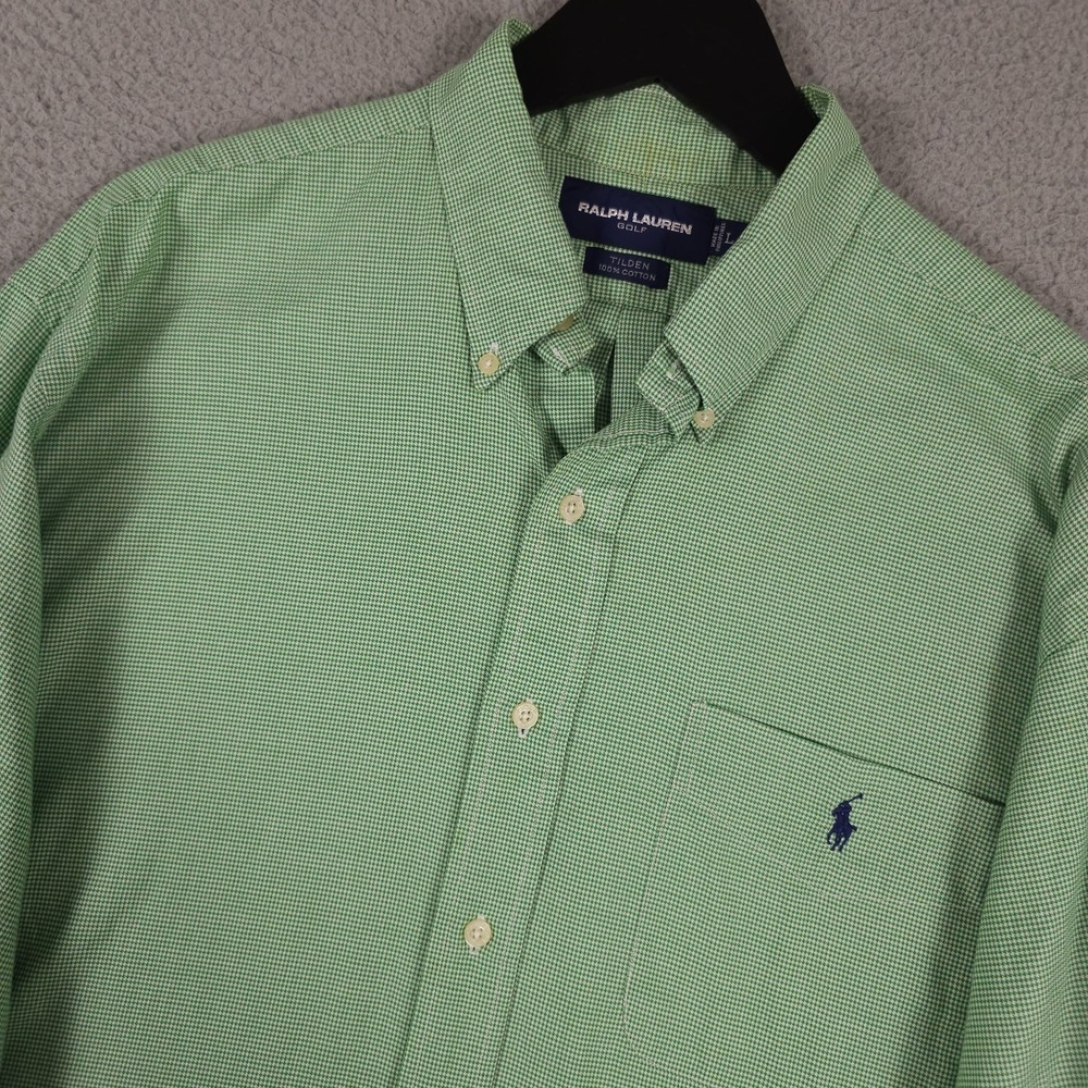 VTG Ralph Lauren Golf Shirt Mens Large Green‎ Houndstooth Tilden Button Down LS